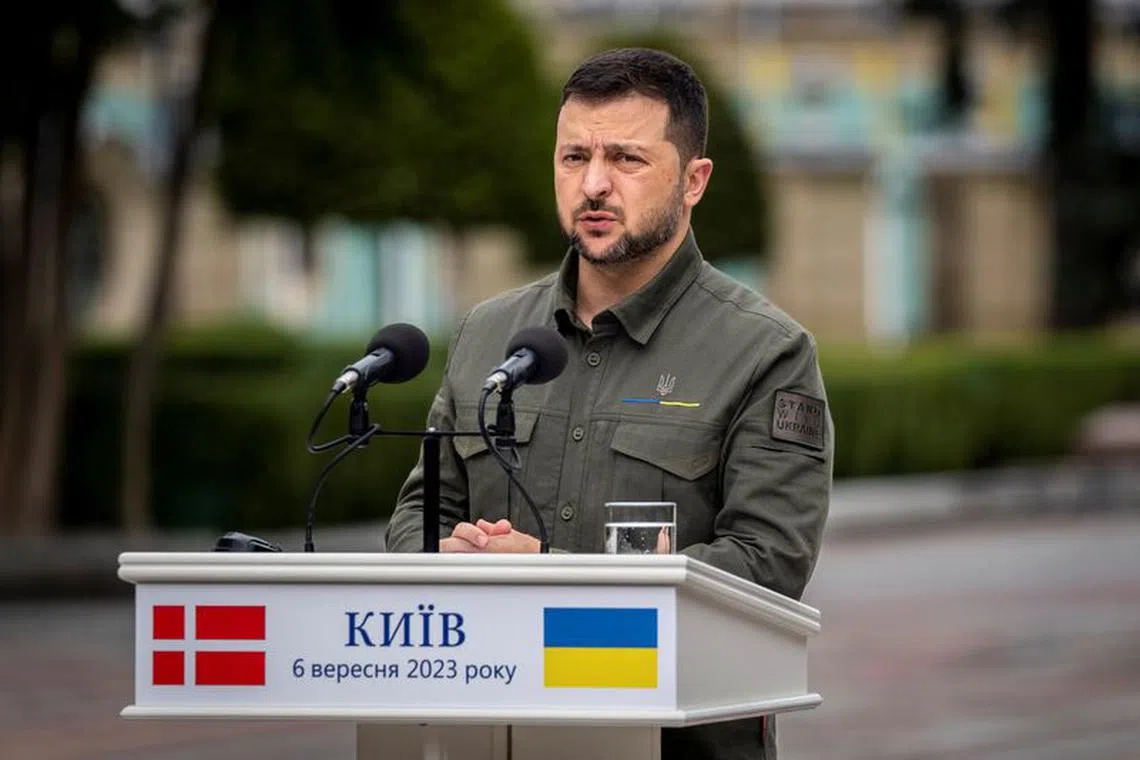FILE PHOTO: Ukraine's President Volodymyr Zelenskiy during a press conference with Denmark's Prime Minister Mette Frederiksen (not pictured) in front of the presidential palace in Kyiv, Ukraine, September 6, 2023. Ritzau Scanpix/Ida Marie Odgaard via REUTERS