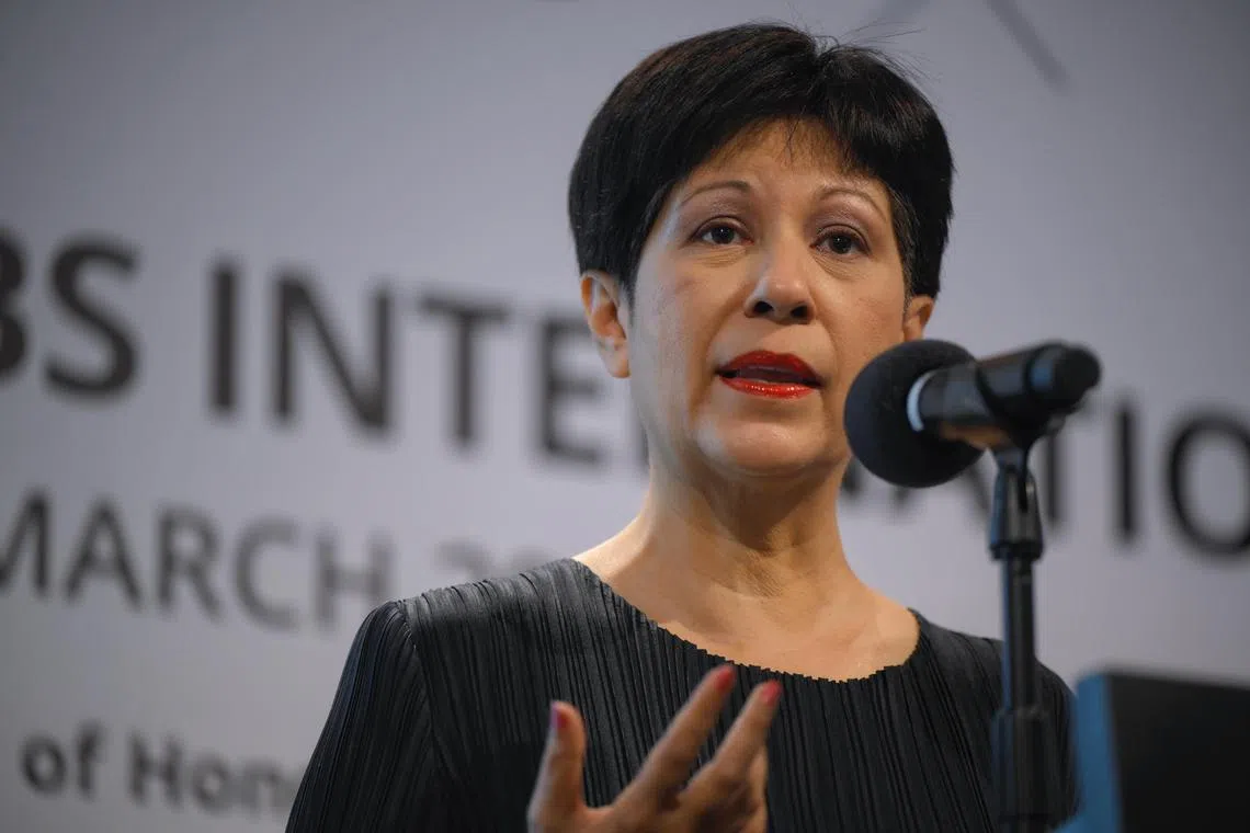 Indranee Rajah, Minister in the Prime Minister's Office, and Second Minister for Finance and National Development, speaks ahead of a debate which DBS organised to commemorate International Women’s Day at Marina Bay Financial Centre on 15 March, 2024.