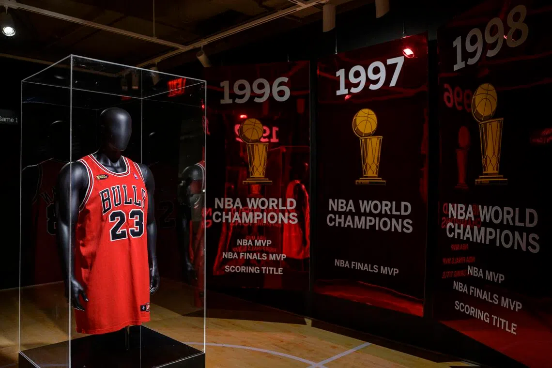 Michael Jordan’s The Last Dance jersey, from Game 1, displayed during Sotheby’s Invictus sales in New York City in 2022.