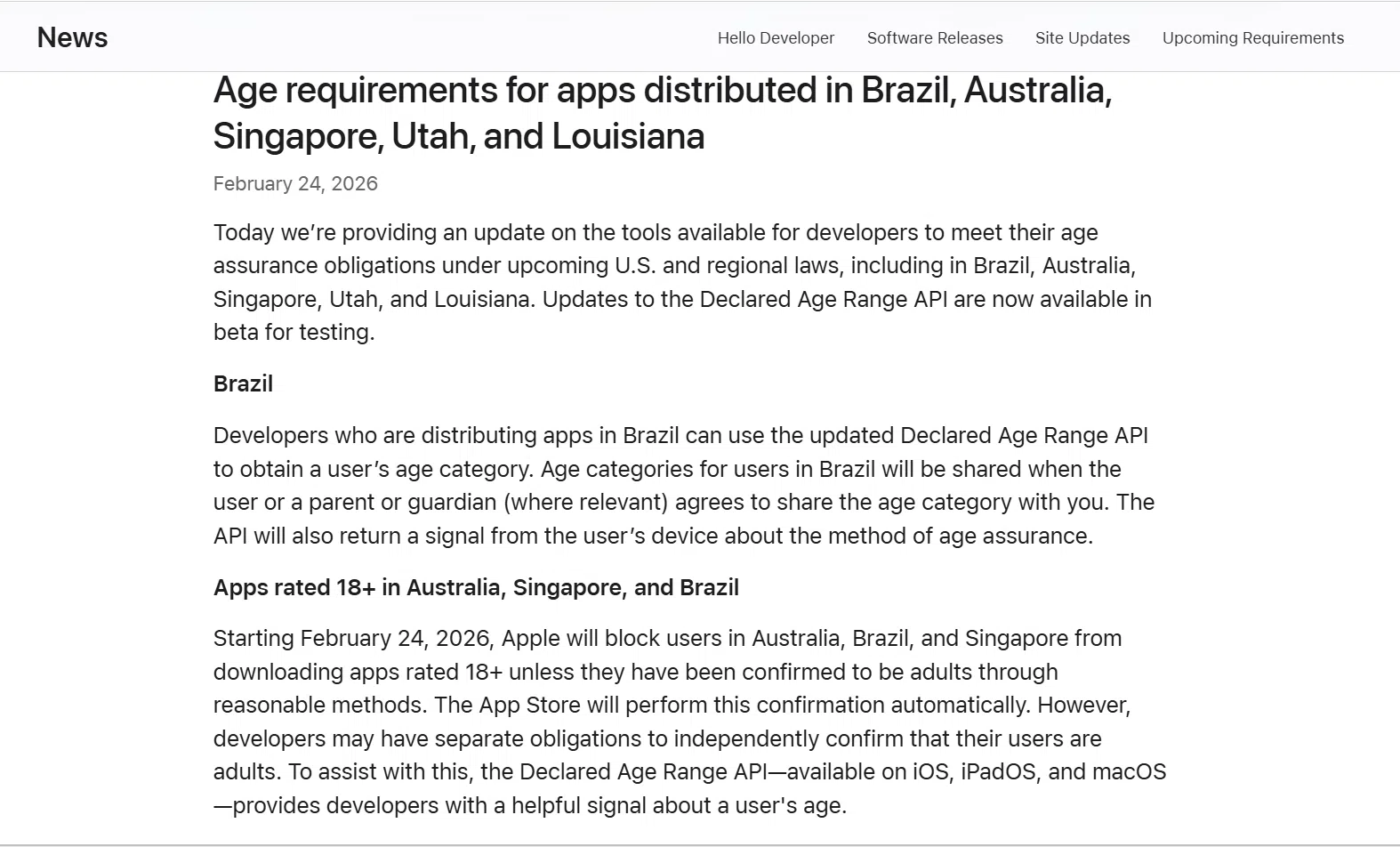 A blog post put up on Apple’s site for developers on Feb 24 state that users in Australia, Brazil, and Singapore will be blocked from downloading apps rated 18+ unless they are verified to be adults.