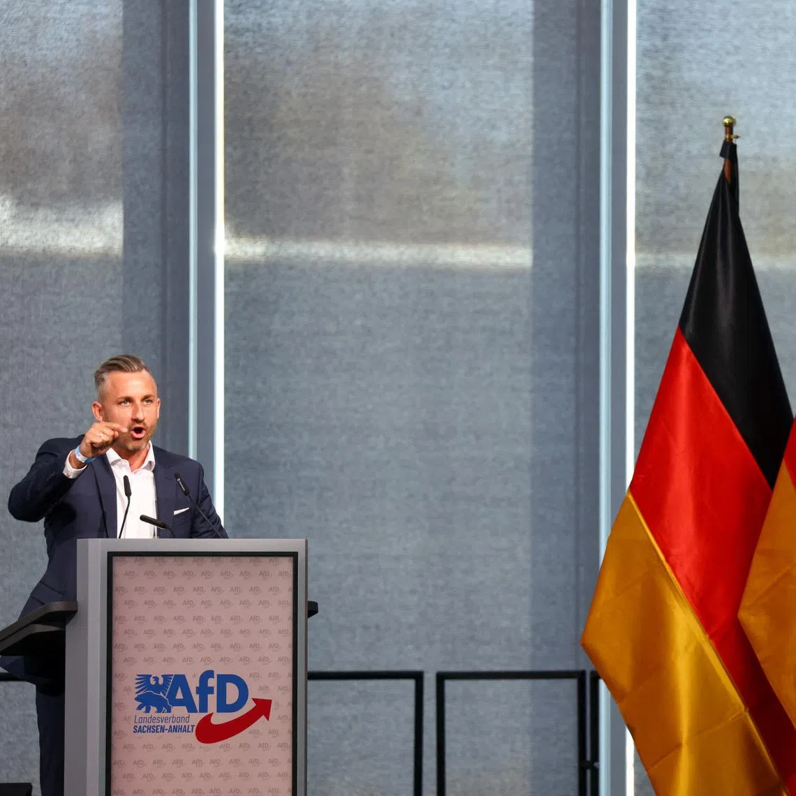 Ulrich Siegmund, top candidate of the far-right Alternative for Germany (AfD) party in Germany's Saxony-Anhalt state election, speaks at a party convention in Magdeburg, Germany, April 11, 2026.