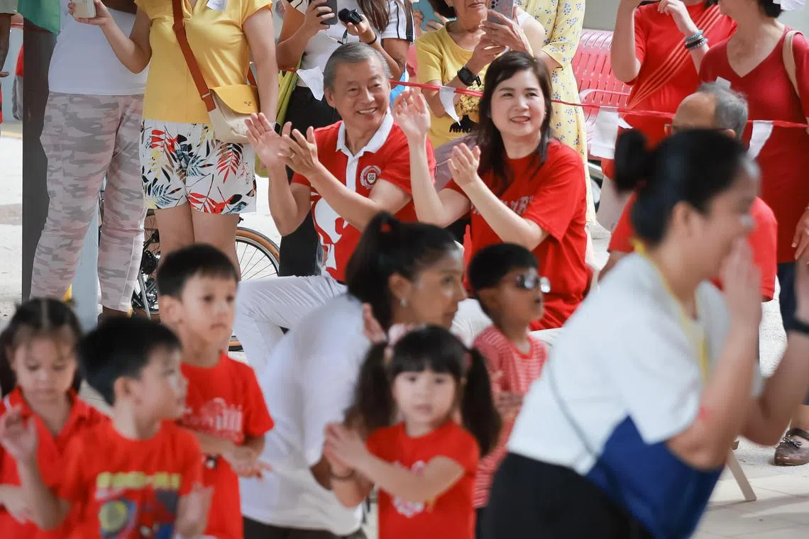 Presidential hopeful George Goh and his wife Madam Lysa Sumali at the Ang Mo Kio Presbyterian Preschool National Day celebration on Aug 8, 2023.