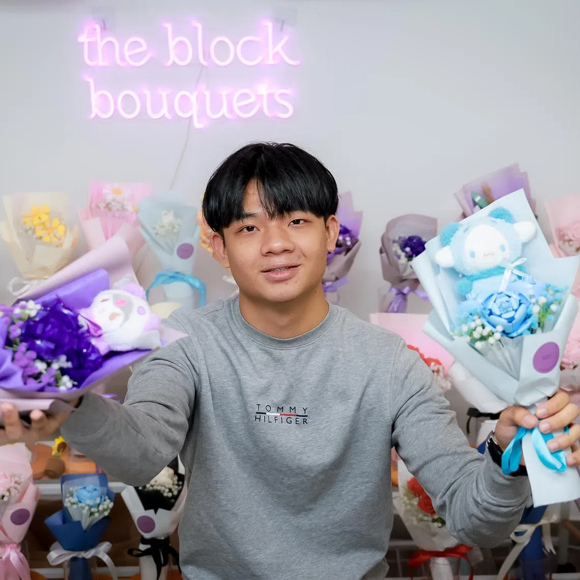 Mr Brent Ng started The Block Bouquets in May 2022, a month after making his first floral block arrangement. 
