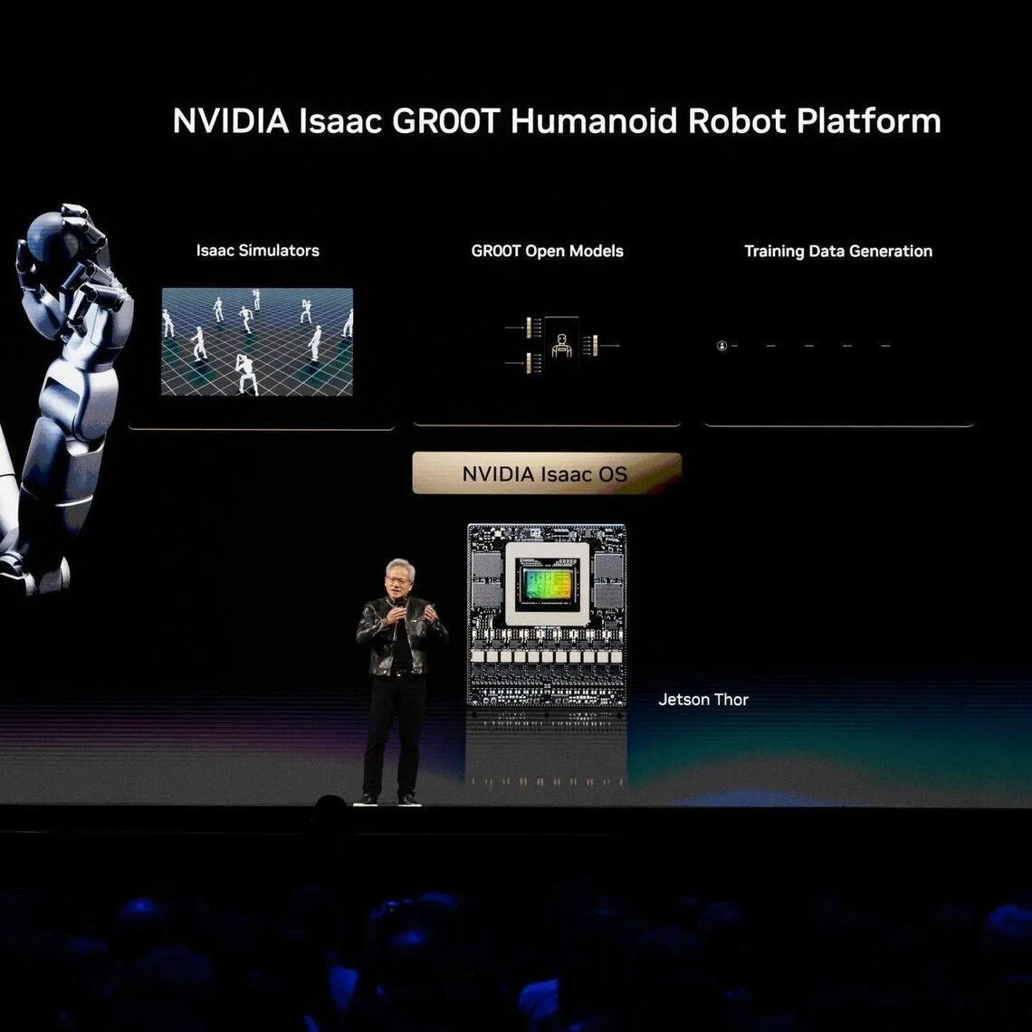 Nvidia CEO Jensen Huang speaking about the computing giant's Isaac GR00T Reference Humanoid Robot on the sidelines of the Computex conference in Taipei on June 1.