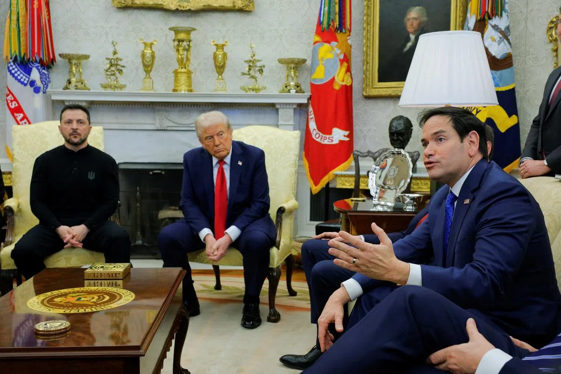 U.S. Secretary of State Marco Rubio speaks as U.S. President Donald Trump meets with Ukrainian President Volodymyr Zelenskiy at the White House in Washington, D.C., U.S., February 28, 2025. REUTERS/Brian Snyder