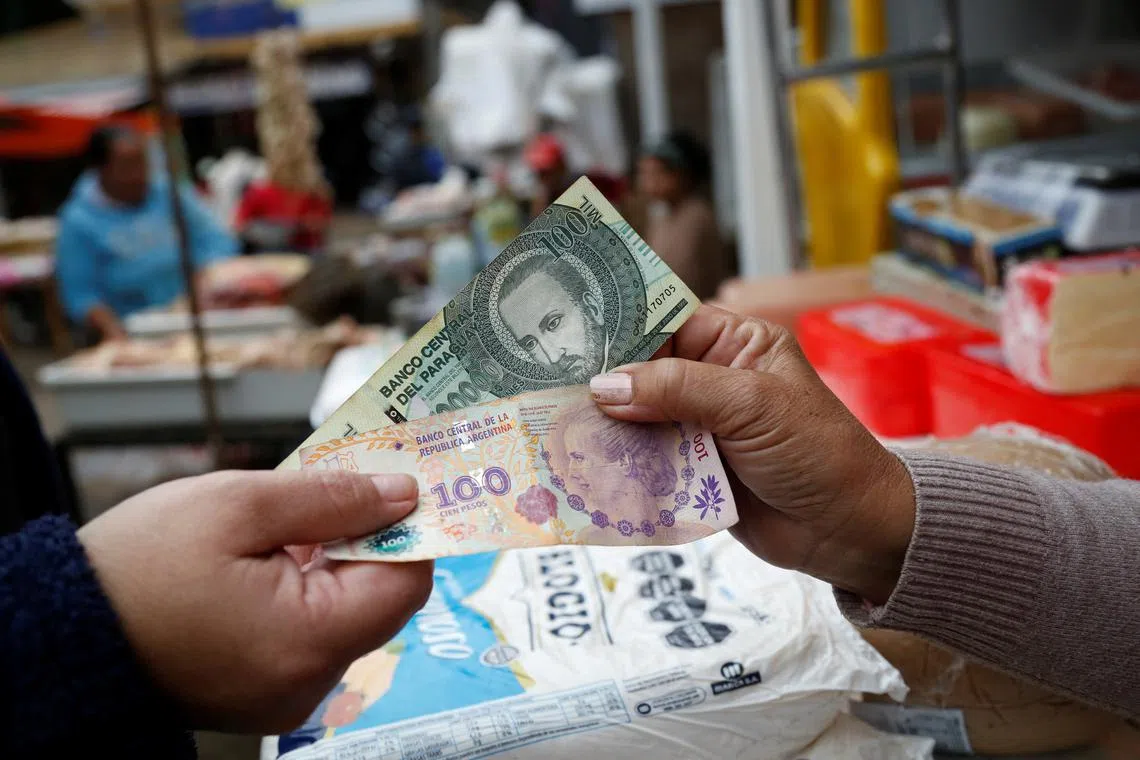 A customer and a salesperson pose for a photograph while holding Argentine and Paraguayan bills at a market near the border with Argentina, in Nanawa, Paraguay May 16, 2024. REUTERS/Cesar Olmedo/File Photo