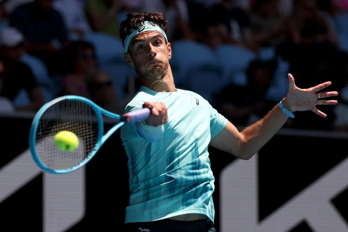 Tennis - Australian Open - Melbourne Park, Melbourne, Australia - January 20, 2026 Italy's Lorenzo Musetti in action during his first round match against Belgium's Raphael Collignon REUTERS/Edgar Su