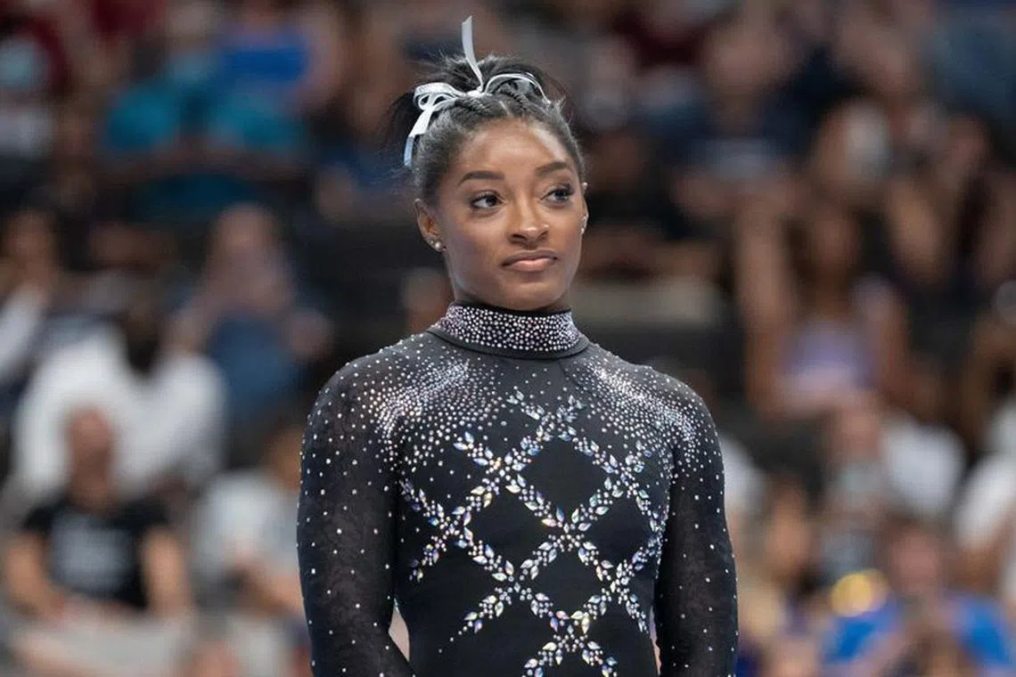 August 27, 2023; San Jose, California, USA; All Around first place medalist Simone Biles during the 2023 U.S. Gymnastics Championships at SAP Center. Mandatory Credit: Kyle Terada-USA TODAY