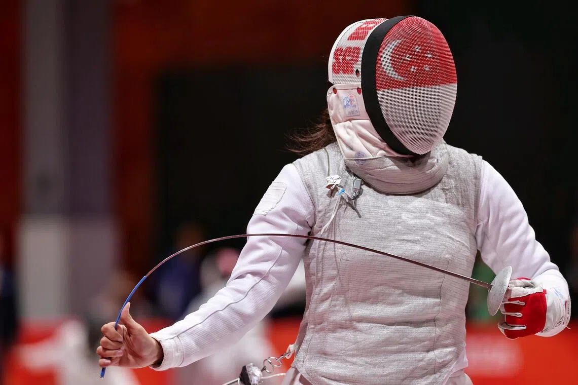 Amita Berthier getting ready to face Polina Volobueva of Uzbekistan in the table of 16 of the women’s foil at the Asian Games on Sept 23.