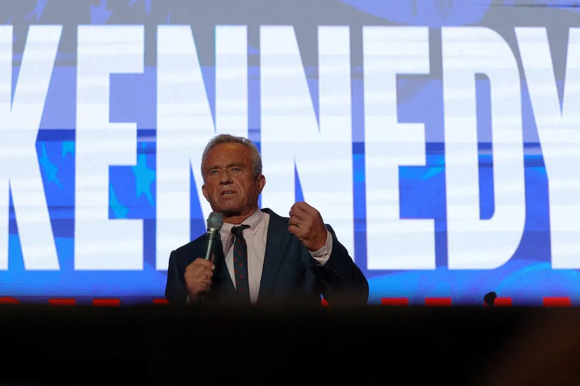 FILE PHOTO: Independent presidential candidate Robert F. Kennedy Jr. addresses the Libertarian Party's national convention in Washington, U.S., May 24, 2024.  REUTERS/Brian Snyder/File Photo