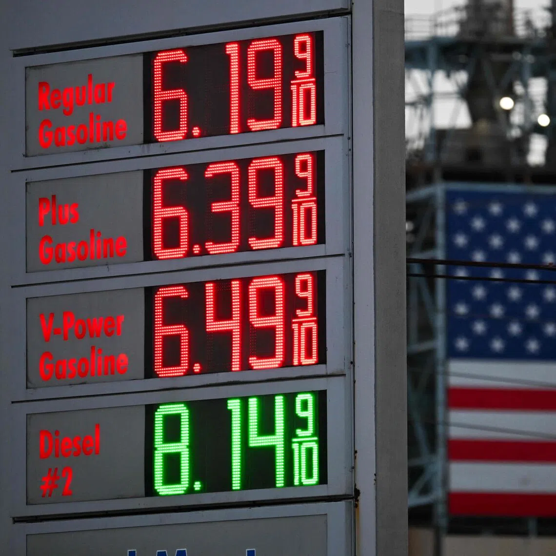 Fuel prices are displayed across from a US flag at a Shell station in Carson, California.