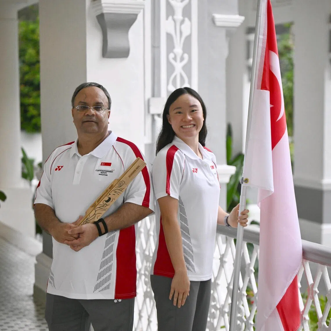 Team Singapore flag bearers swimmer Gan Ching Hwee and para bowler Mawjit Singh s/o Gurmet Singh, at The British High Commissioner's Residence, Eden Hall, on Jul 6, 2026.