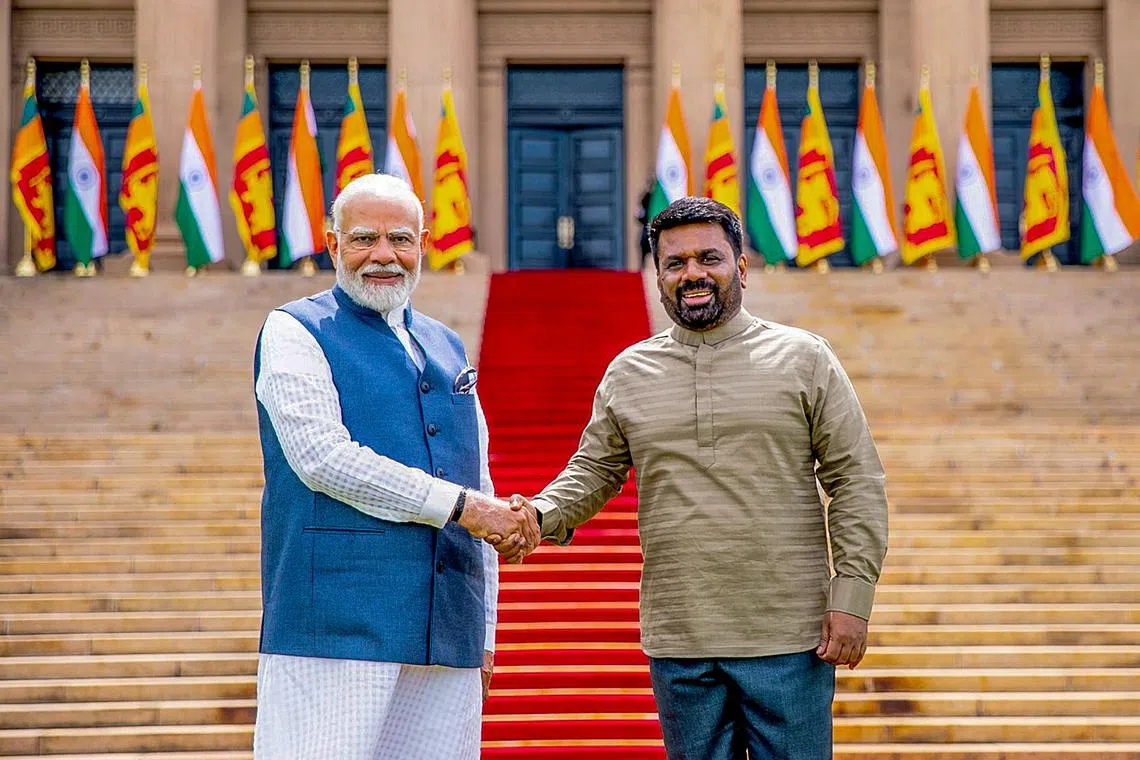 India’s PM Narendra Modi (left) and Sri Lankan President Anura Kumara Dissanayake at the president's office in Colombo, on April 5.