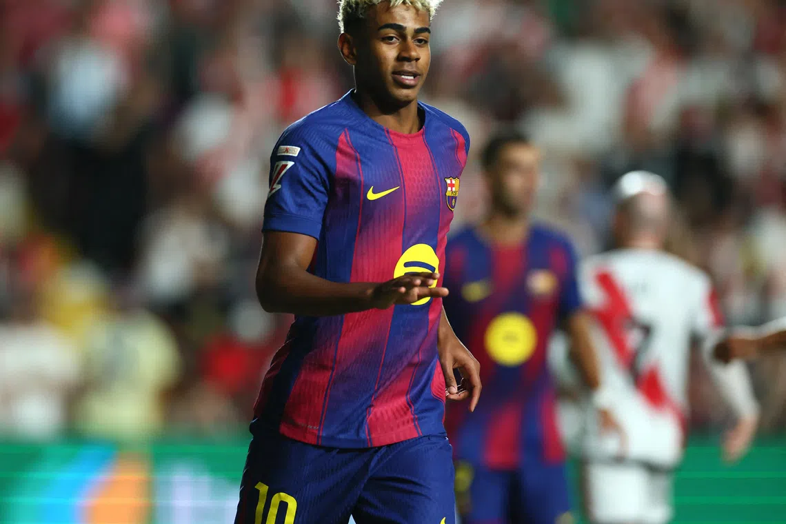 FILE PHOTO: Soccer Football - LaLiga - Rayo Vallecano v FC Barcelona - Campo de Futbol de Vallecas, Madrid, Spain - August 31, 2025 FC Barcelona's Lamine Yamal celebrates scoring their first goal REUTERS/Isabel Infantes/ File Photo