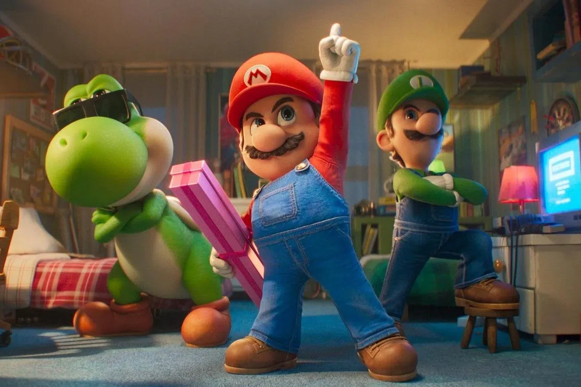 (From left) Yoshi (voiced by Donald Glover), Mario (Chris Pratt) and Luigi (Charlie Day) in The Super Mario Galaxy Movie.