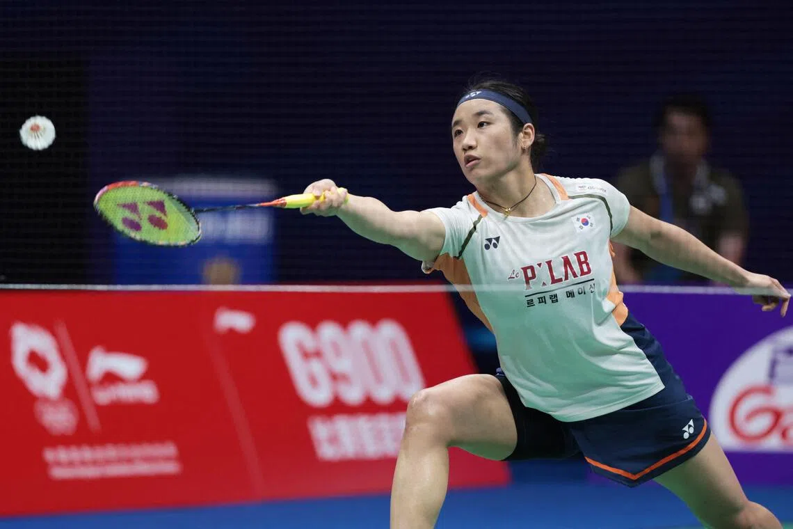 South Korea’s An Se-young hitting a return to China’s Han Yue during their women's singles final at the China Masters badminton tournament in Shenzhen on Sept 21.
