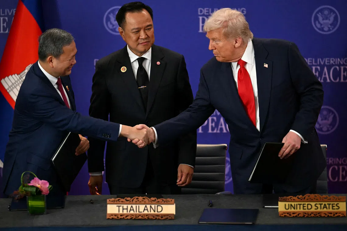 (From left) Cambodian Prime Minister Hun Manet, Thai Prime Minister Anutin Charnvirakul and US President Donald Trump at the signing of the “Kuala Lumpur Peace Accord” on Oct 26.