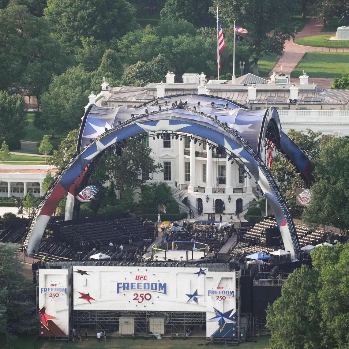 The arena for the UFC Freedom 250 event weighs 544 tonnes, is 47m wide and 28m tall – taller than the White House itself.