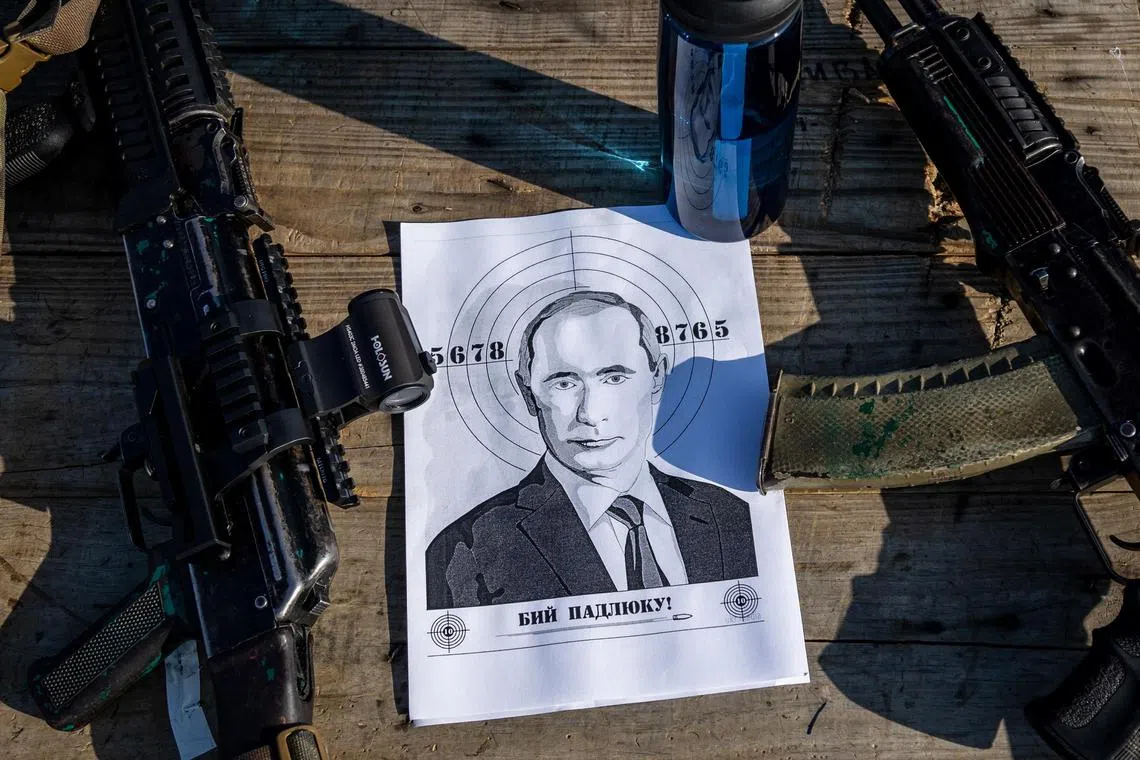 A target depicting Russian President Vladimir Putin is seen as Ukrainian servicemen take part in military training in Ukraine's Donetsk region.