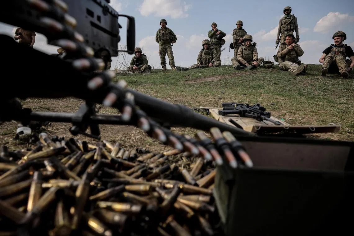 Ukrainian servicemen undergoing training at an  undisclosed location in the east of Ukraine, on March 27.
