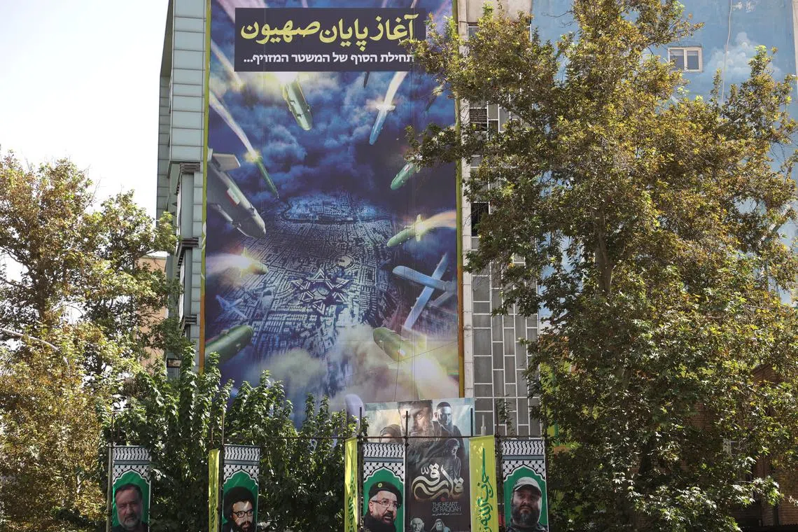 An anti-Israel billboard is displayed on a building in Tehran, Iran, October 2, 2024. Majid Asgaripour/WANA (West Asia News Agency) via REUTERS/File Photo