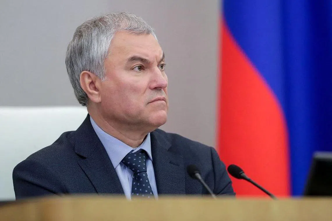FILE PHOTO: Vyacheslav Volodin, Chairman of Russia's State Duma lower house of parliament, attends a plenary session in Moscow, Russia, Russia, October 17, 2023. Russian State Duma/Handout via REUTERS/File Photo