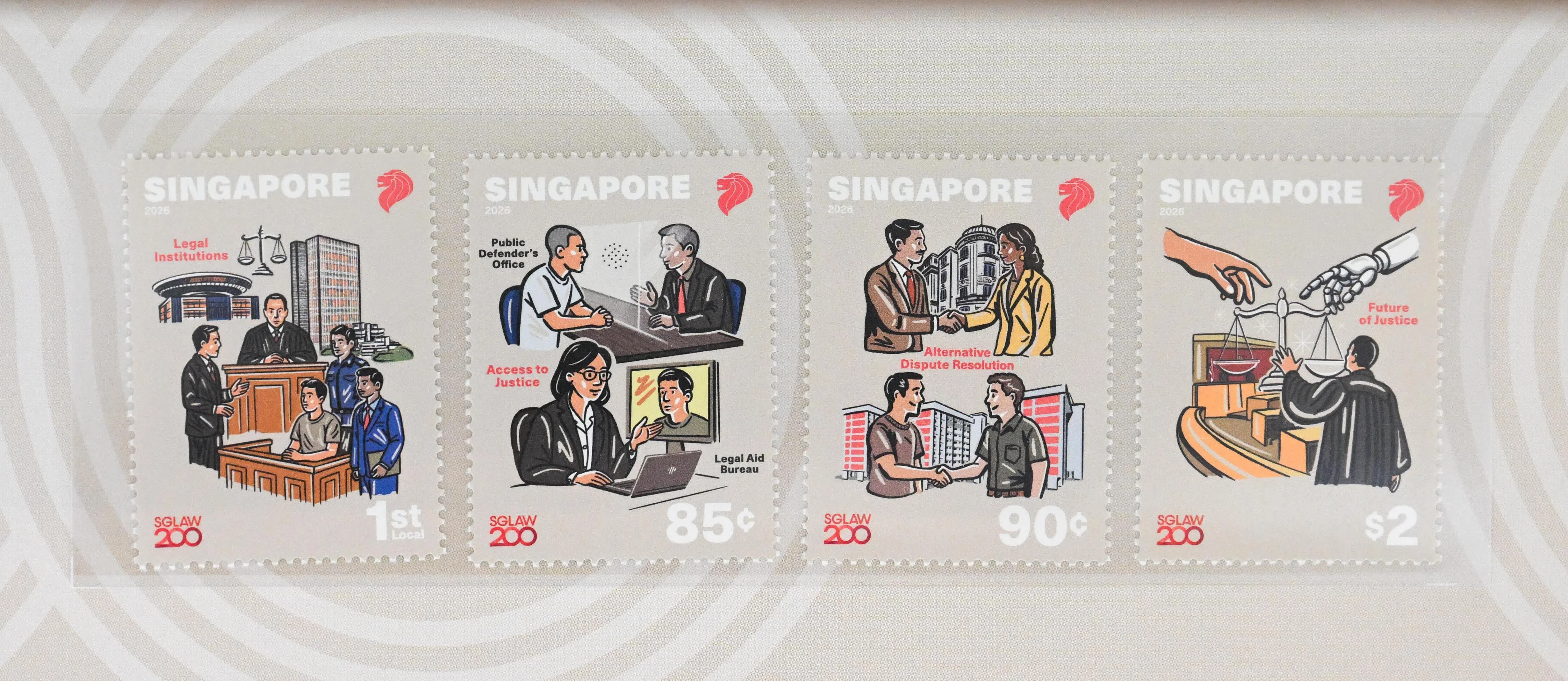 The special commemorative four-stamp set designed by Andy Koh for SGLaw200.