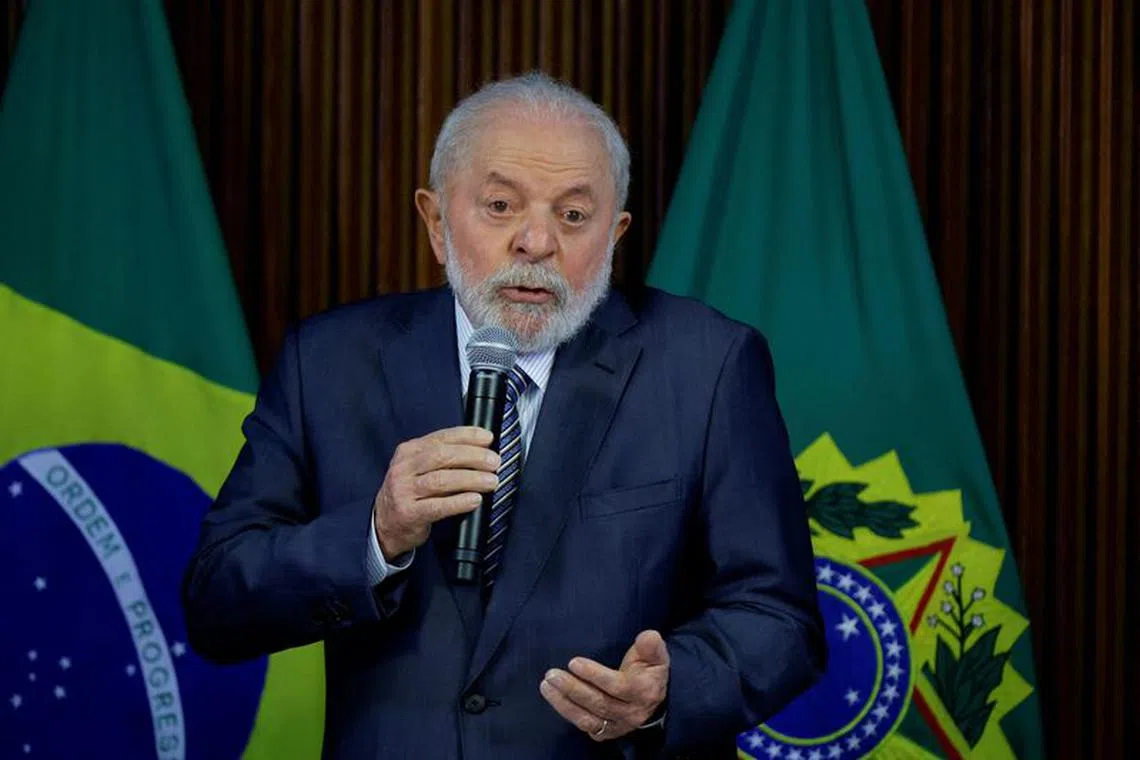 FILE PHOTO: Brazil's President Luiz Inacio Lula da Silva speaks during a meeting on installation of the G20 National Commission, with his ministers, president of the Central Bank and president of the Supreme Court at the Planalto Palace in Brasilia, Brazil November 23, 2023. REUTERS/Ueslei Marcelino/File Photo