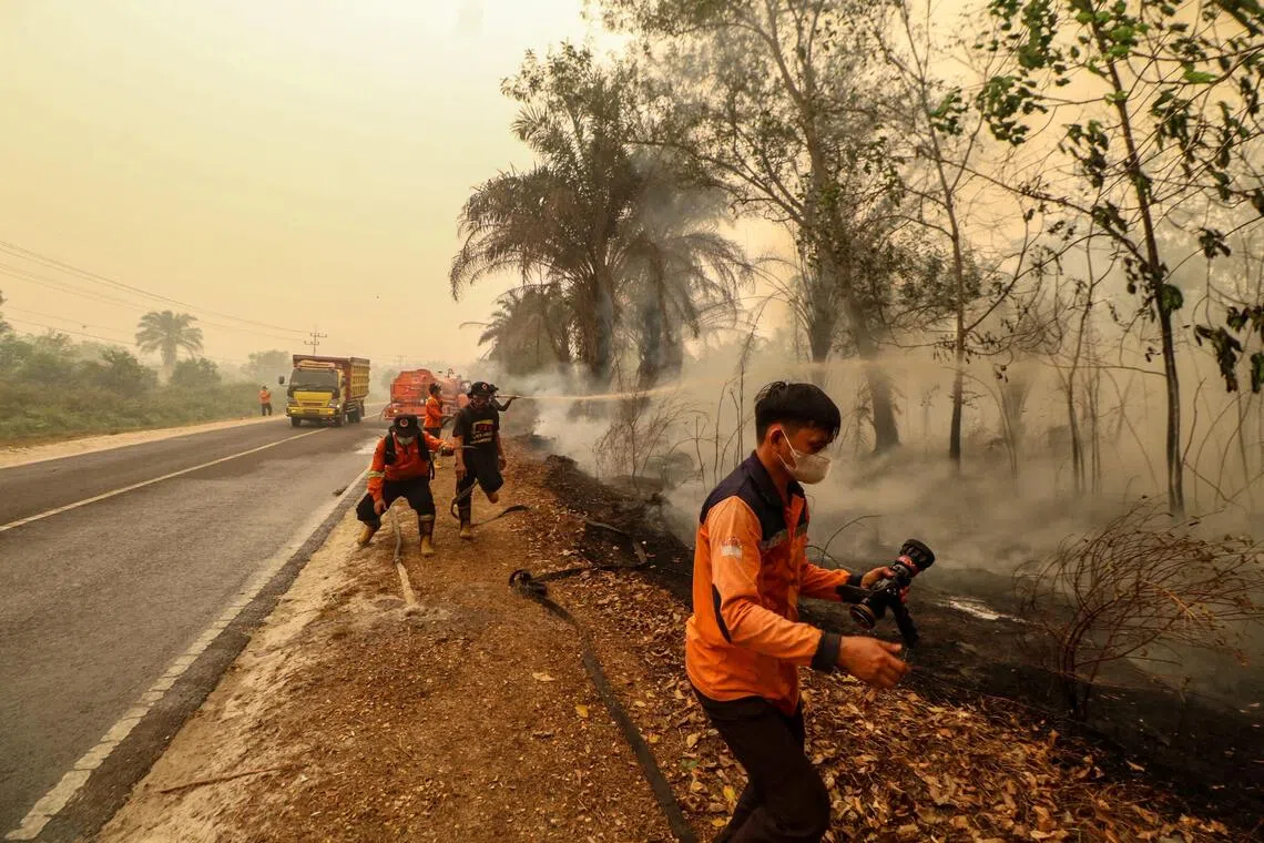 Firefighters spray water to extinguish a wildfire in the Bukit Batu area of Palangkaraya, Central Kalimantan province.