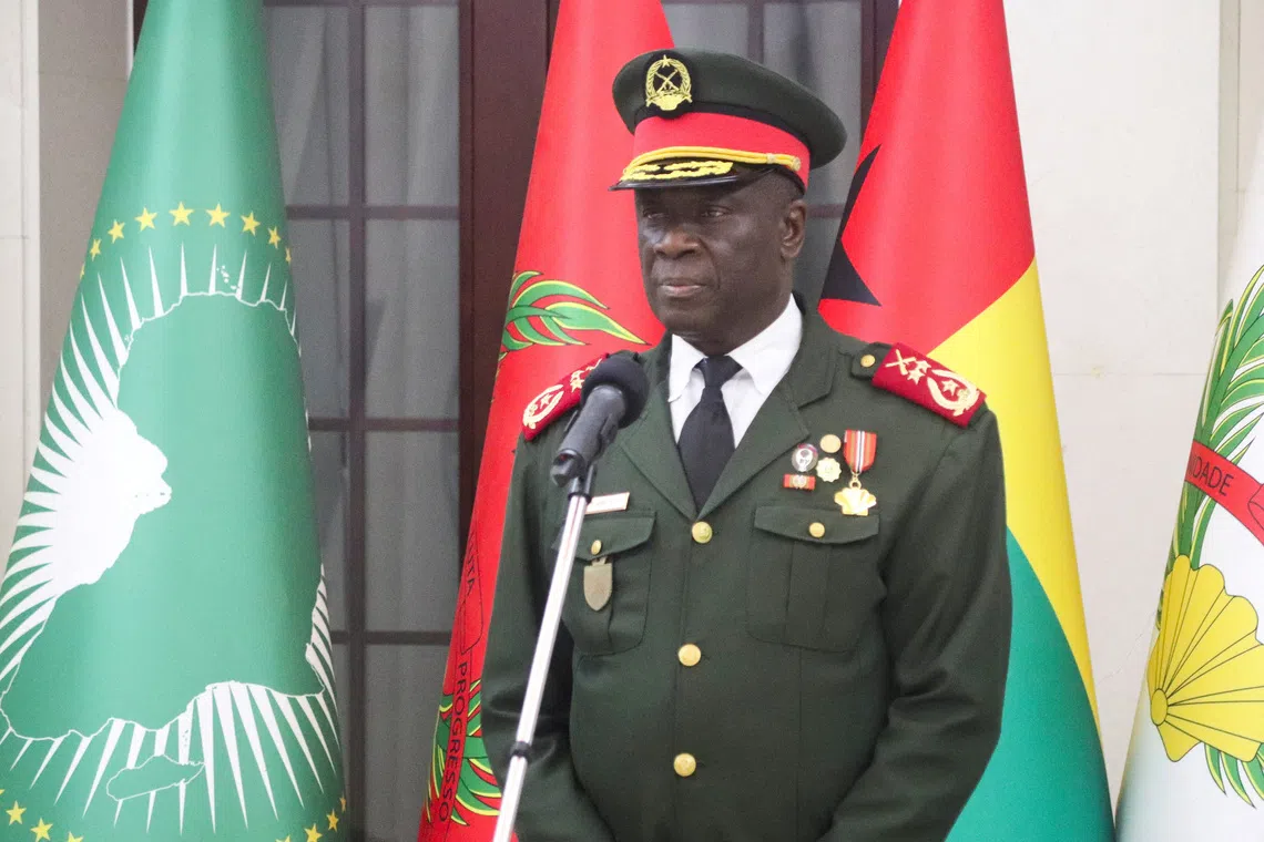 FILE PHOTO: Major-General Horta Inta-a, the new transitional president, attends the swearing-in ceremony of Major-General Tomas Djassi as the new chief of staff of the Armed Forces in Bissau, Guinea-Bissau November 27, 2025. REUTERS/Delcyo Sanca/File Photo