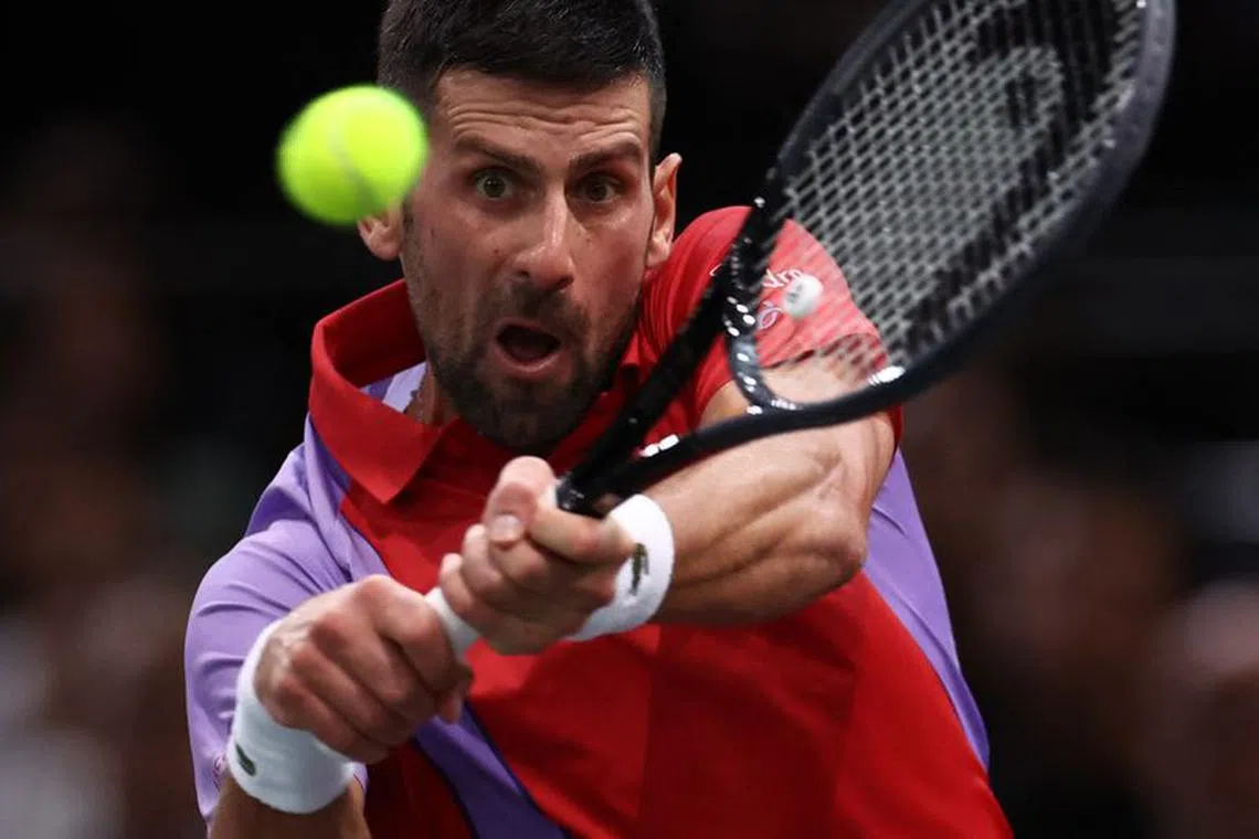 Tennis - ATP Masters 1000 - Paris Masters - AccorHotels Arena, Paris, France - November 1, 2023  Serbia's Novak Djokovic in action during his round of 32 match against Argentina's Tomas Martin Etcheverry REUTERS/Stephanie Lecocq