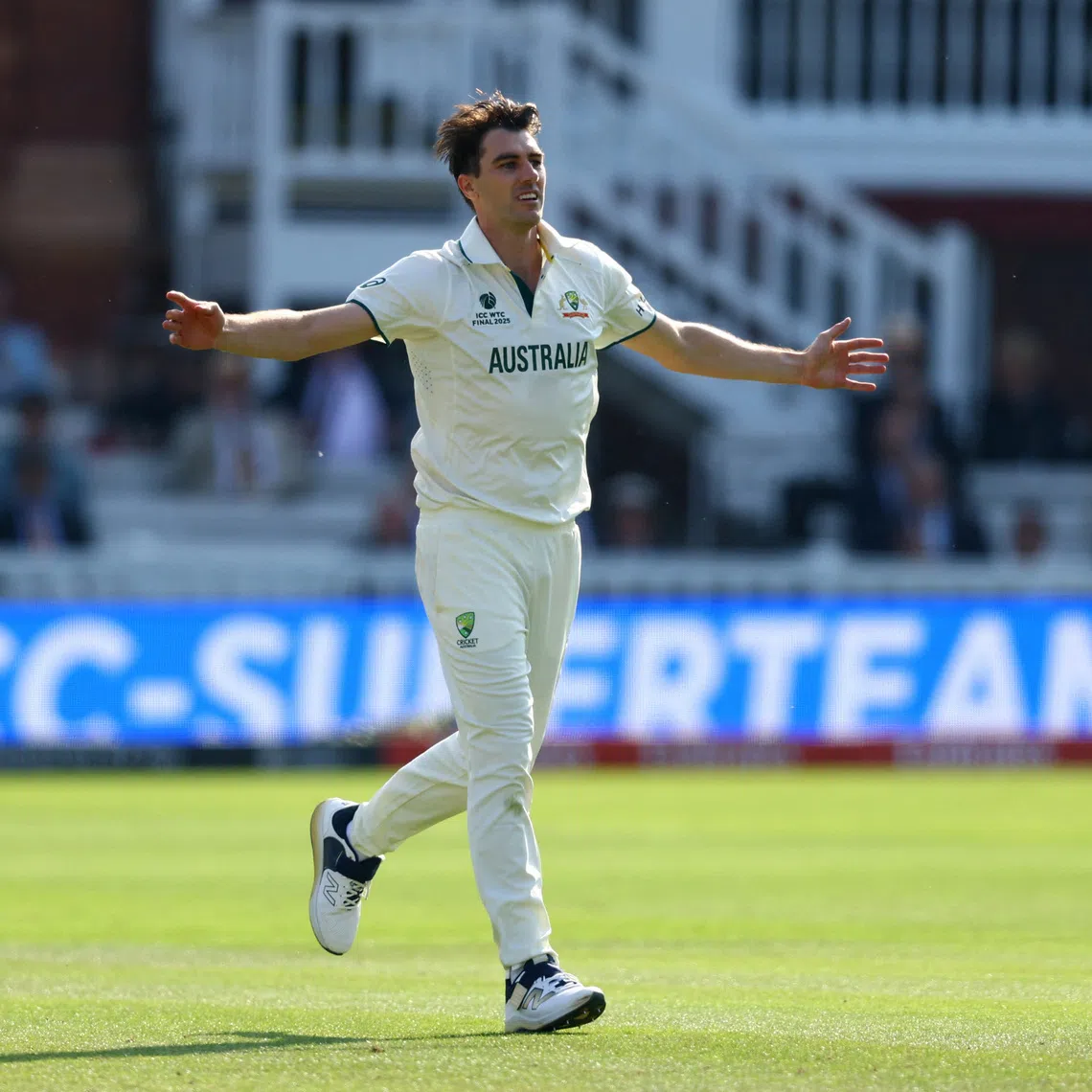 FILE PHOTO: Cricket - 2025 ICC World Test Championship Final - South Africa v Australia - Lord's Cricket Ground, London, Britain - June 11, 2025 Australia's Pat Cummins celebrates taking the wicket of South Africa's Wiaan Mulder Action Images via Reuters/Andrew Boyers/File Photo