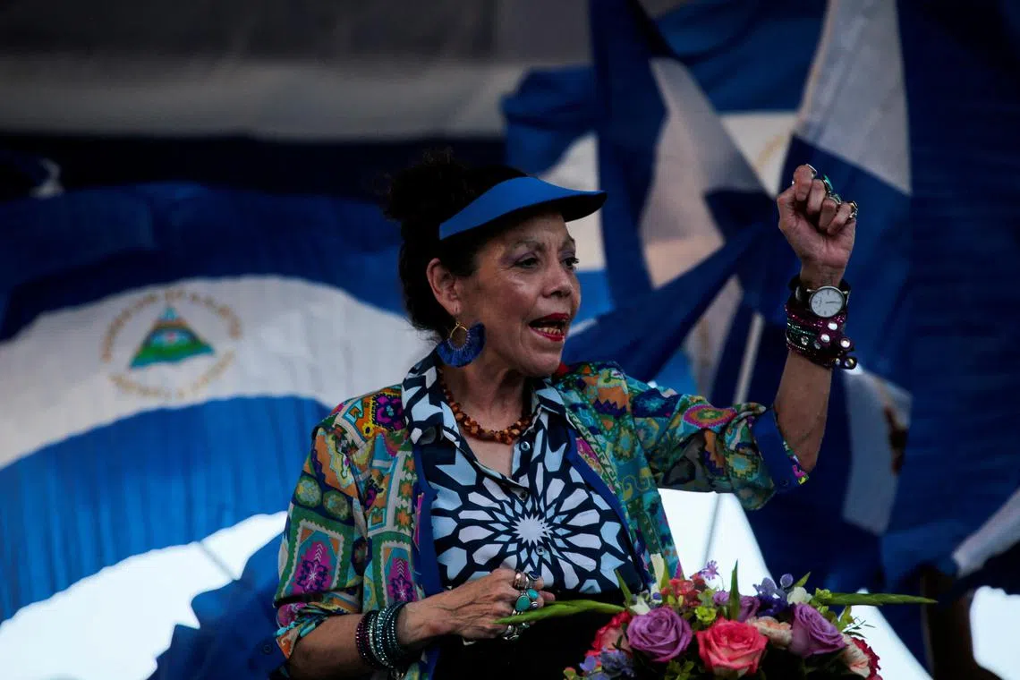 FILE PHOTO: Nicaraguan Vice-President Rosario Murillo sings revolutionary songs during a march called \"We walk for peace and life. Justice\" in Managua, Nicaragua September 5, 2018. REUTERS/Oswaldo Rivas/File Photo