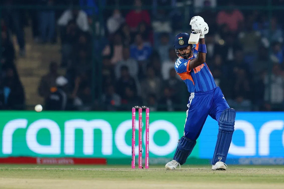Cricket - ICC Men's T20 World Cup 2026 - Group A - India v Namibia - Arun Jaitley Stadium, New Delhi, India - February 12, 2026 India's Hardik Pandya in action REUTERS/Anushree Fadnavis