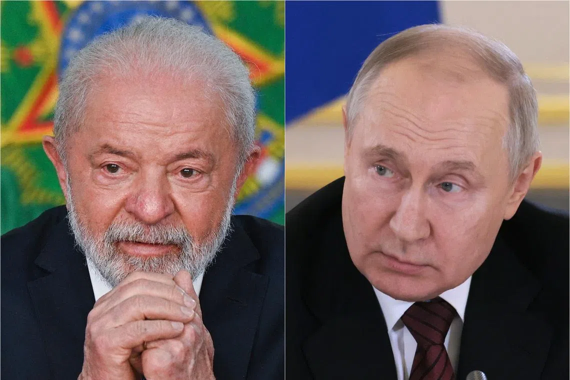 Brazil's Mr Lula (left) declined an invitation   from Russia's Vladimir Putin to travel to Saint Petersburg.