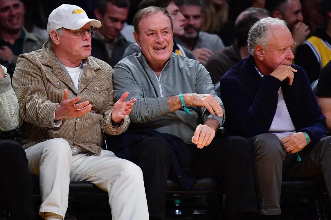 Jan 11, 2024; Los Angeles, California, USA; Sports broadcaster Al Michaels in attendance with Warner Bros. chief executive officer David Zaslav at Crypto.com Arena. Mandatory Credit: Gary A. Vasquez-USA TODAY Sports/ File Photo