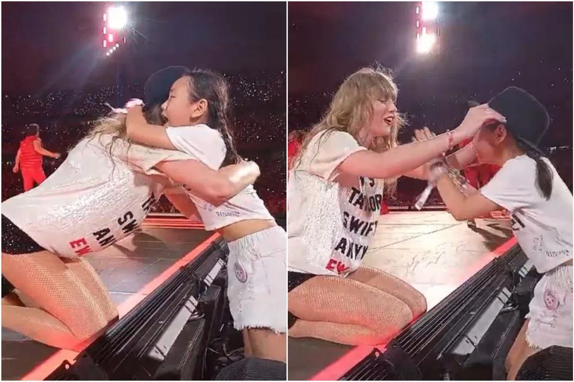 Giselle Heng gets a hug and hat from pop star Taylor Swift during her performance of 22 at the Eras Tour opening night at the National Stadium on March 2.
