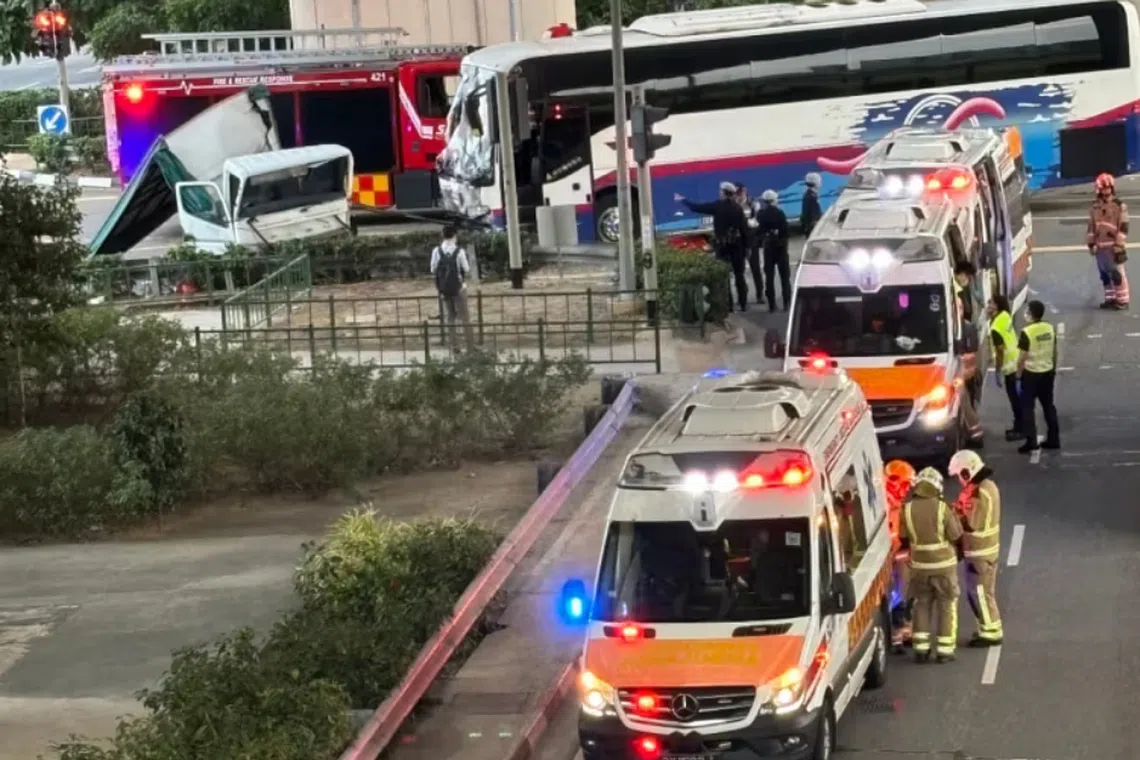 Five bus passengers, aged between 31 and 69, the 39-year-old man driving the lorry and a 31-year-old male motorcyclist were taken to hospital. All were conscious. 