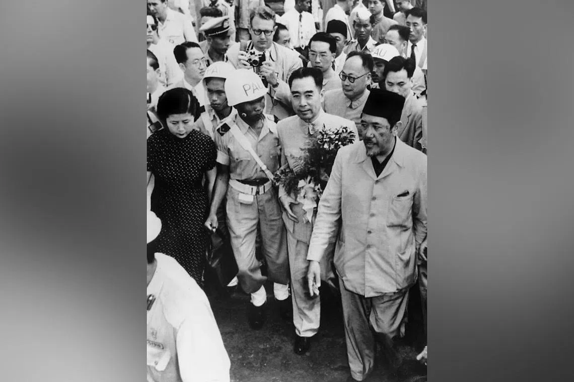 1711052 Bandung Conference (on Java island in Indonesia) 1955 (b/w photo); (add.info.: Bandung Conference (on Java island in Indonesia) : arrival at the Bandung airport of Chou En-lai, chinese Prime Minister, on right : Ali Sastroamidjojo (Indonesian Prime Minister) on april 25, 1955. It\'s a conference between asiatic and african countries for fight against poverty, colonialism and racial segregation). Content within this photograph may require additional clearances (eg: trademark and personality rights) depending on Licensee\'s specific use of material, which may include book and magazine cover use. No Use Germany. No Use Italy.