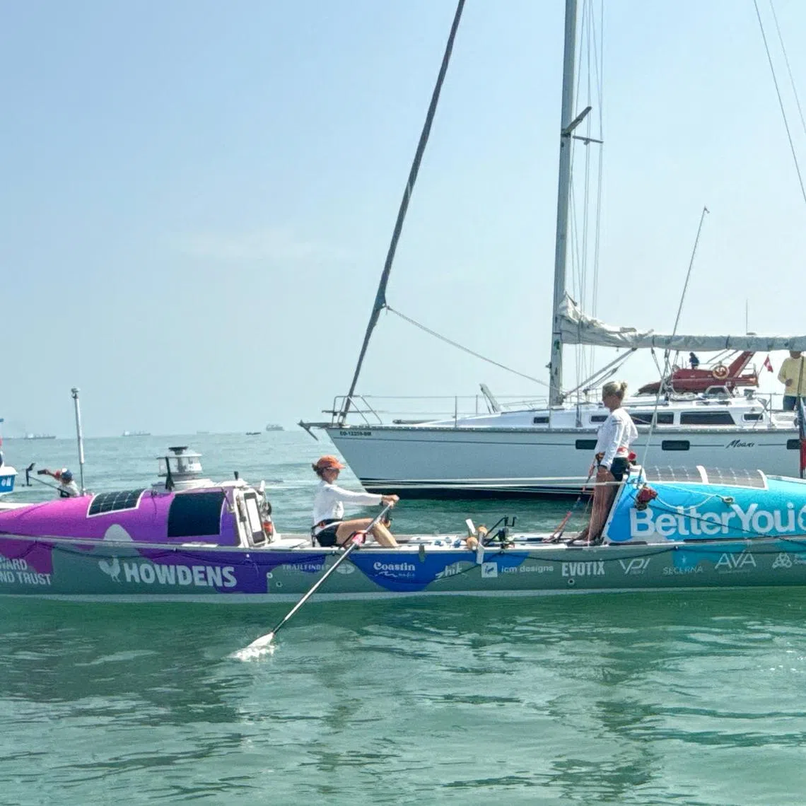 Miriam Payne and Jess Rowe row their boat Velocity as they depart Peru in an attempt to row non-stop across the Pacific Ocean, April 8, 2025.   Seas The Day/Handout via REUTERS