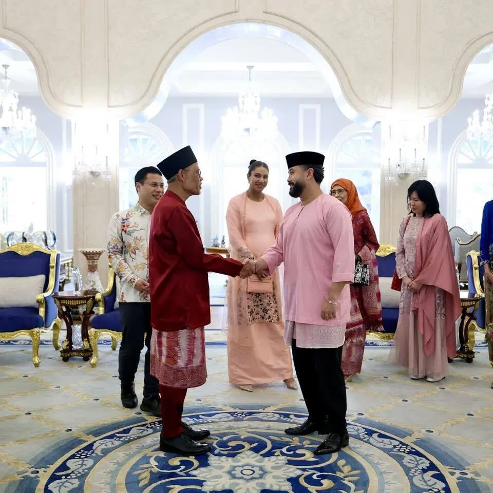 Social and Family Development Minister Masagos Zulkifli (foreground, left) and Education Minister Desmond Lee (back, left), together with their spouses, were hosted to lunch by the Regent of Johor Tunku Ismail (foreground, right) and his wife Che’ Puan Mahkota Khaleeda Johor (back, second from left).