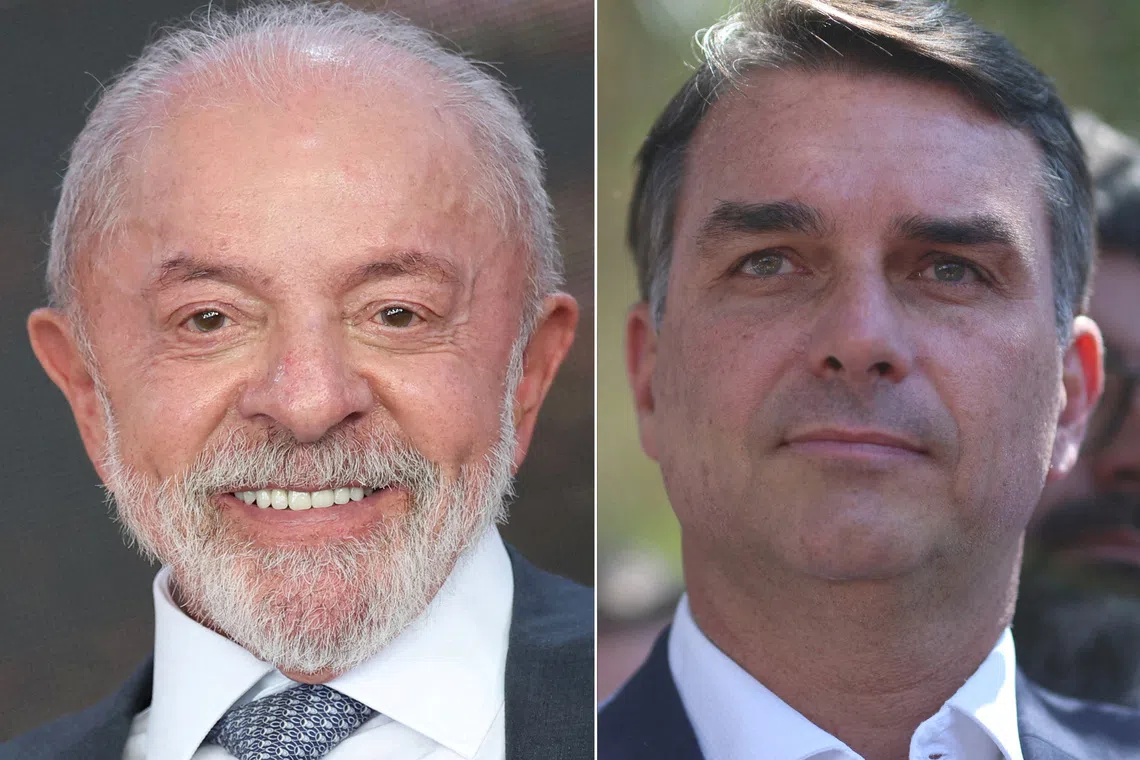 FILE PHOTO: A combination picture of Brazilian President Luiz Inacio Lula da Silva, the Workers' Party (PT) candidate for presidential re-election, attending a ceremony at the Planalto Palace in Brasilia, Brazil, October 13, 2026, and Brazilian presidential candidate Flavio Bolsonaro of the Liberal Party (PL) standing after a meeting with members of the Podemos party, in Brasilia, Brazil, October 8, 2026. REUTERS/Adriano Machado/File Photo