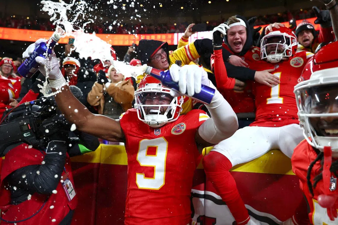 Kansas City Chiefs celebrate after a touchdown against the Buffalo Bills on Jan 26.