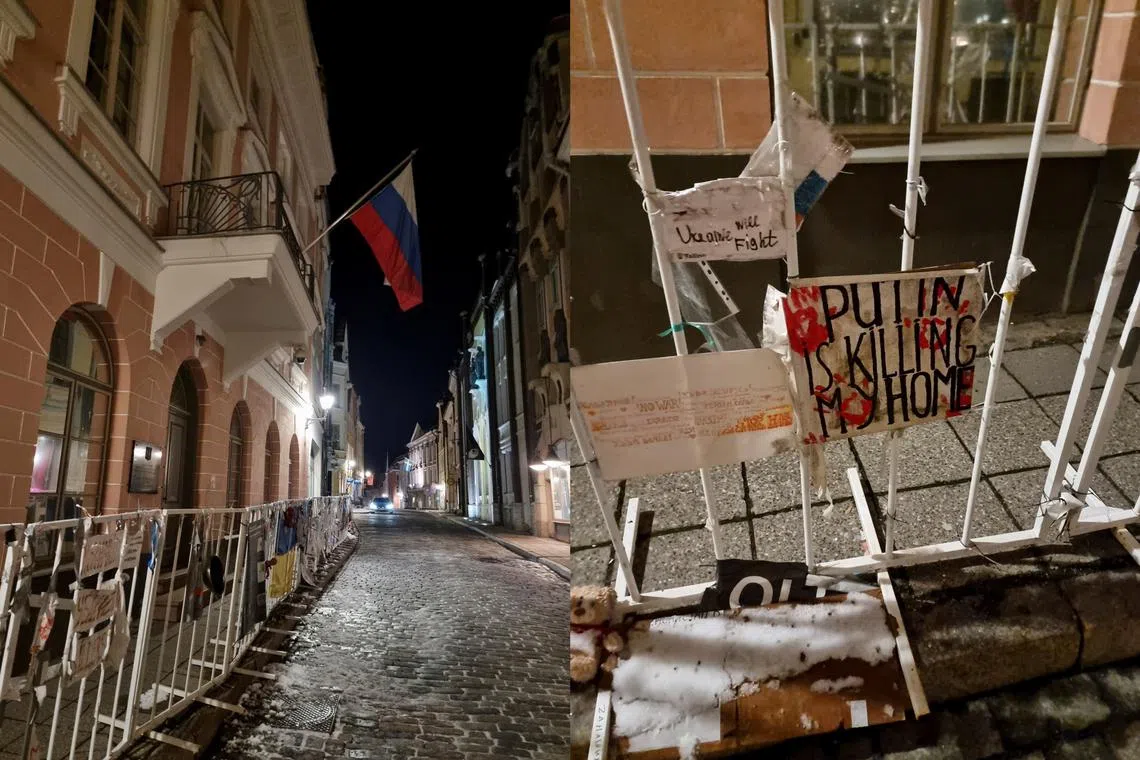 A protest sign (right) outside Russia's embassy in Tallinn, Estonia, on Jan 21, 2023.