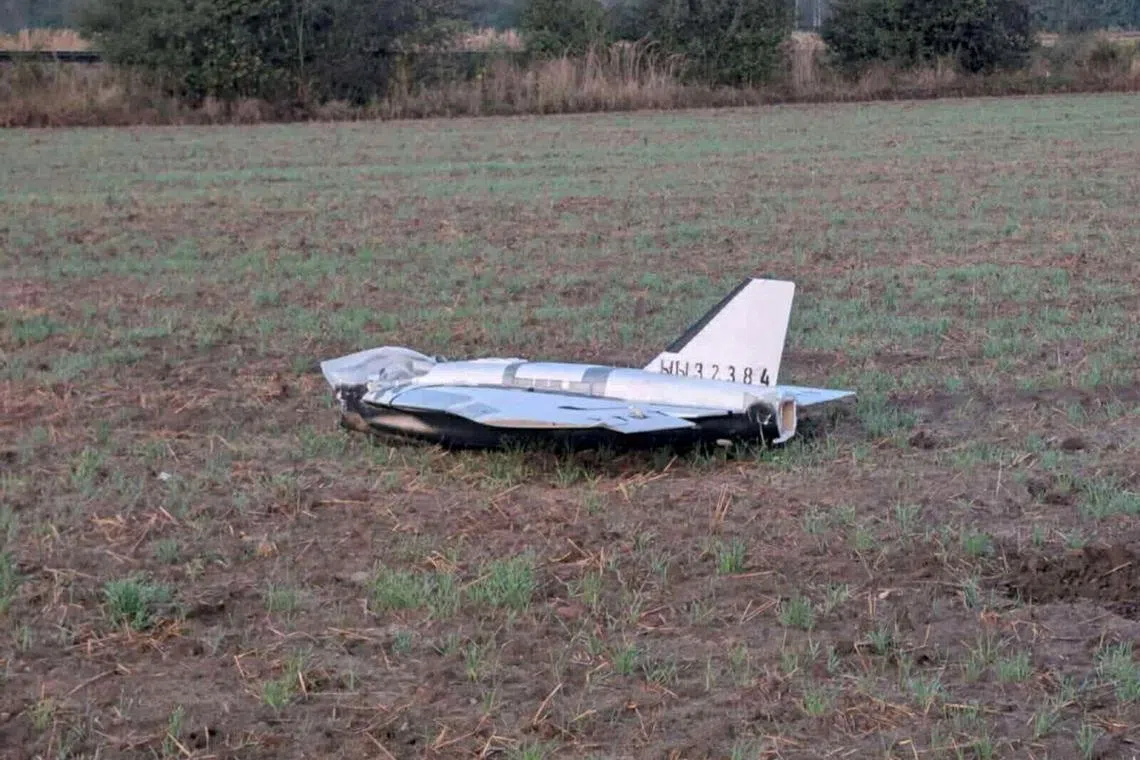 FILE PHOTO: A damaged drone lies after falling in the eastern Polish village of Czosnowka, in this picture obtained from social media, in Czosnowka, Poland, September 10, 2025. Dariusz Stefaniuk/via REUTERS