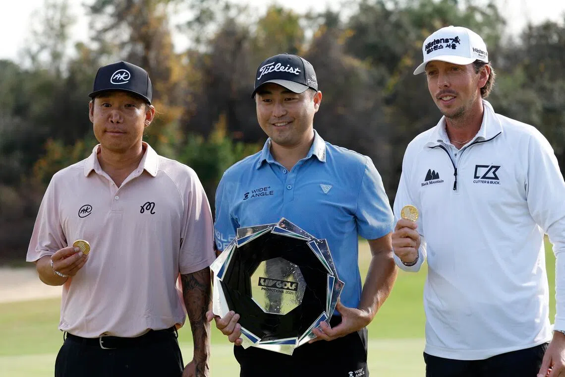 From left: Anthony Kim, Richard T. Lee and Bjorn Hellgren celebrating after taking the top three spots in the LIV Golf Black Diamond Ranch Promotions golf tournament at Black Diamond Ranch at Lecanto, Florida on Jan 11.
