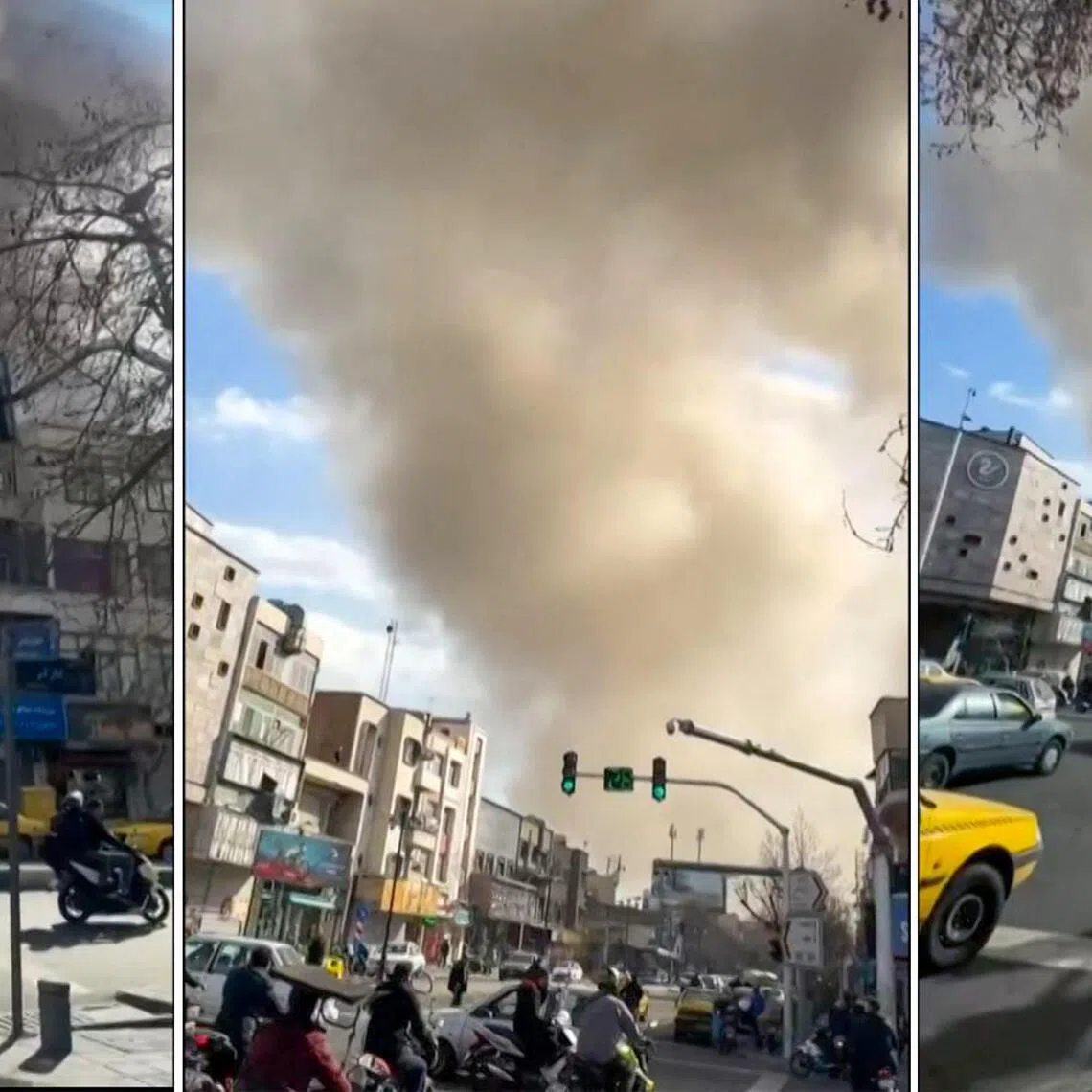 Video grabs taken from UGC images posted on social media on Feb 28 show a reported explosion in Tehran. 
