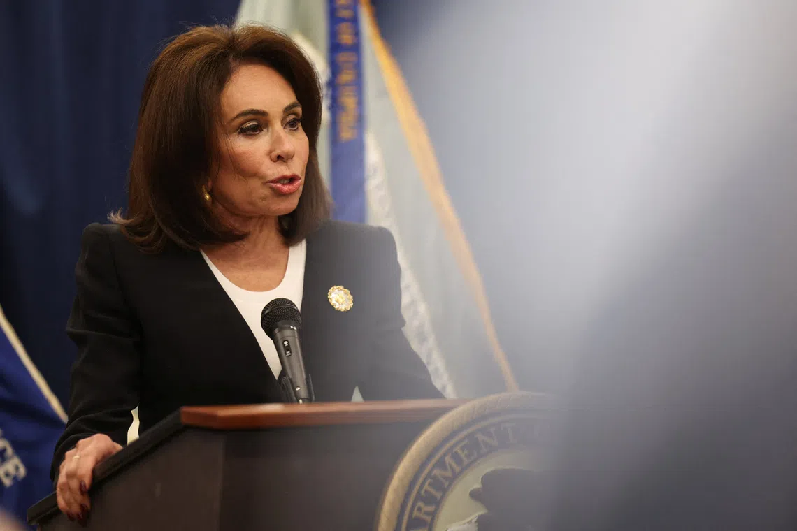 U.S. Attorney Jeanine Pirro speaks during a press conference to provide an update on the latest arrest in the assault of former DOGE staffer Edward Coristine, at the Justice Department in Washington, D.C., U.S., October 20, 2025. REUTERS/Kylie Cooper