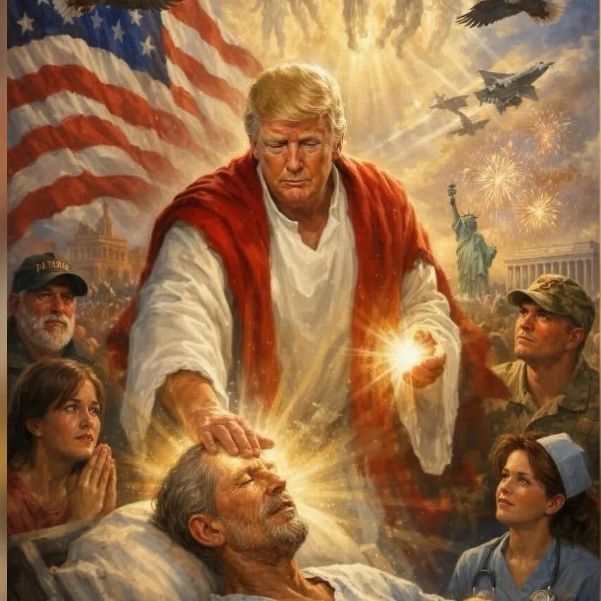 In the illustration, the president’s hands emit shining lights, and his right hand is touching the forehead of a man lying on a bed, wearing a hospital gown. 
