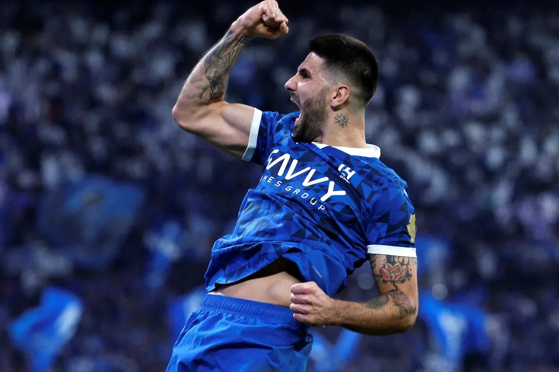 Al Hilal's Aleksandar Mitrovic celebrates scoring a goal against Al Qadsiah on May 26.